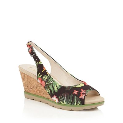 Lotus Black floral 'Nora' peep toe wedge sandals